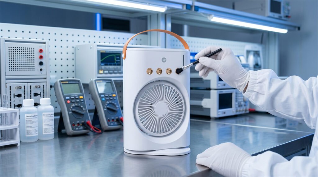 Technician using a precision swab to clean the ultrasonic atomizer of a B2B misting fan.