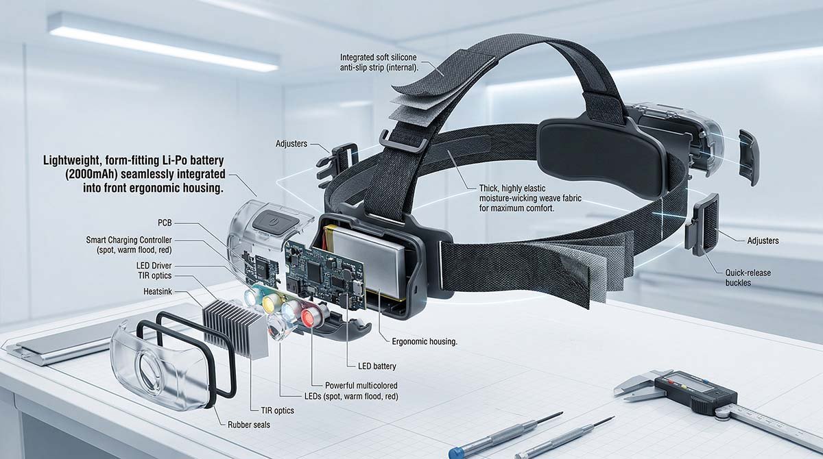 Exploded view of an OEM rechargeable headlamp showing front Li-Po battery and ergonomic headband.