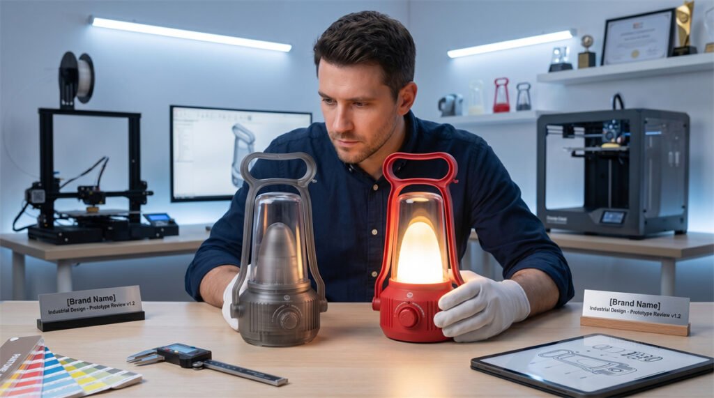 Industrial designers at DP Light evaluating a 3D printed camping lantern prototype for stepless dimming.