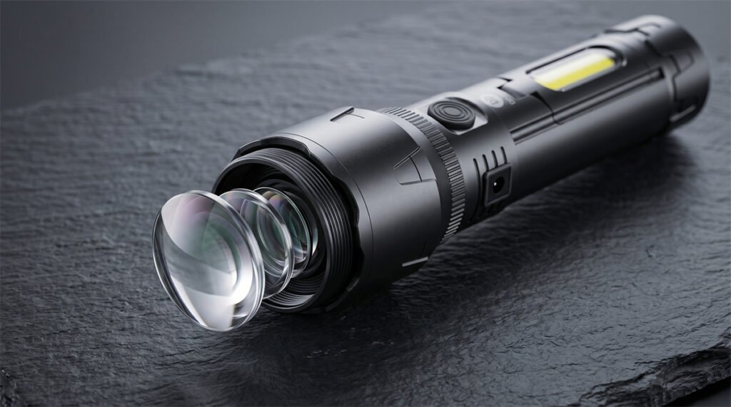 A premium zoomable tactical flashlight highlighting the precision adjustable optical lens on a dark industrial background.