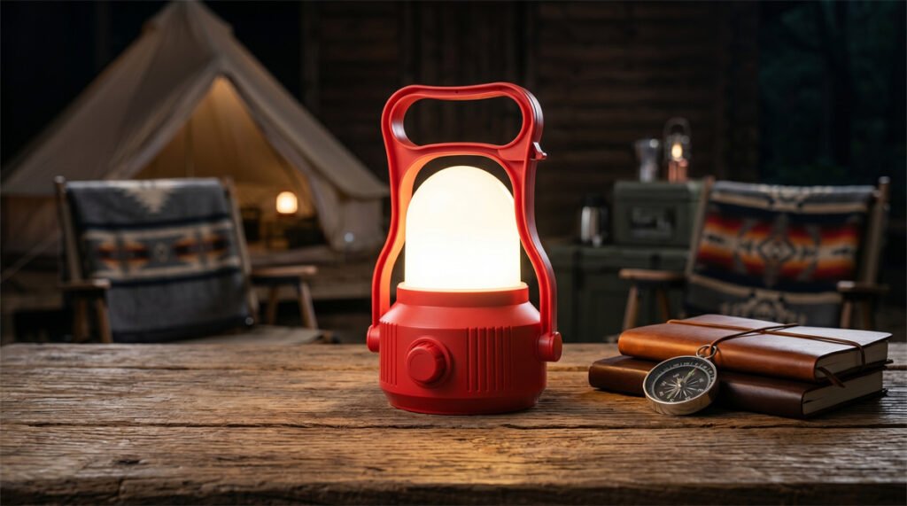A premium rechargeable camping lantern with warm high CRI light resting on a wooden table outdoors.