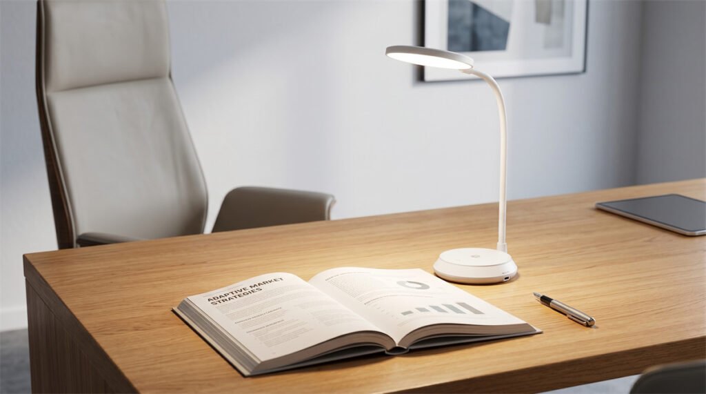A premium rechargeable desk lamp with adjustable color temperature illuminating a workspace with soft, flicker-free light.