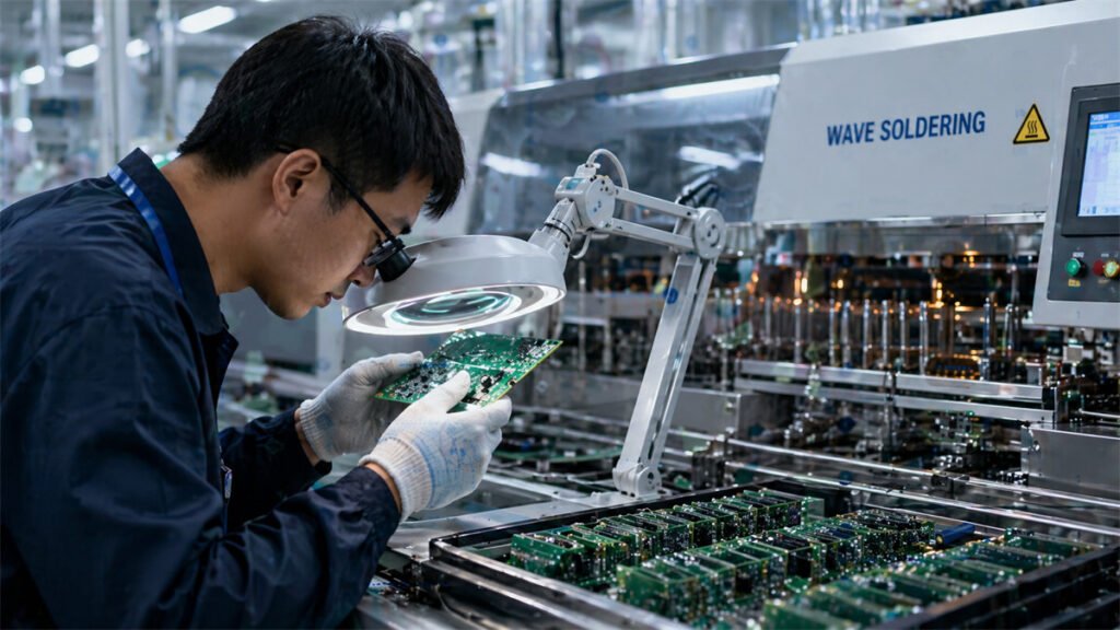 A technician carefully inspects a rechargeable fan circuit board using a magnifying lamp on a production line.