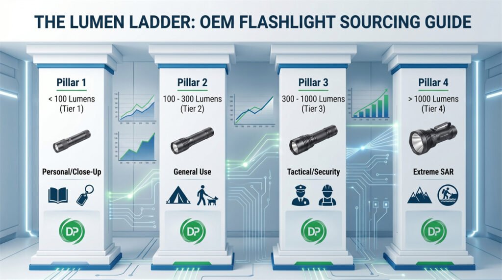 A modern B2B infographic summarizing 4 tiered flashlight lumen levels (keychain, camping, security, searchlight) with visual examples, scenario icons, and DP Light series.