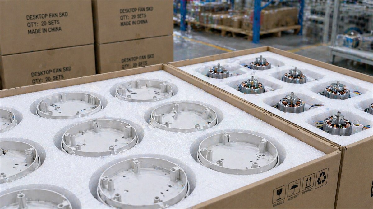Unassembled plastic fan housings and internal motors neatly organized in protective trays for export shipping.