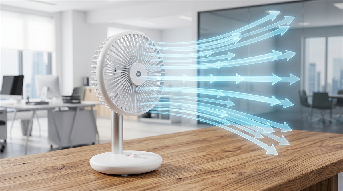 Airflow demonstration of a standard rechargeable desk fan using blue arrows to show wind distribution in a room.