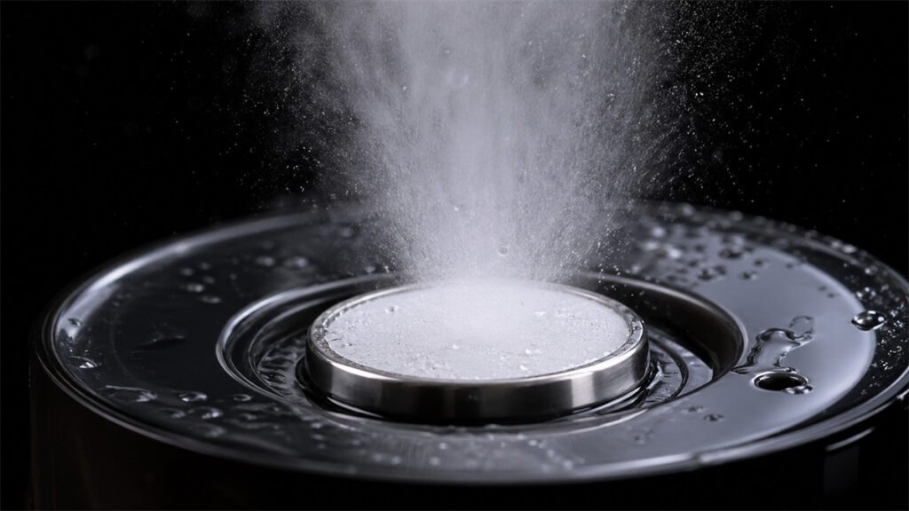 Macro view of a piezoelectric ceramic plate in a misting fan atomizing water droplets.