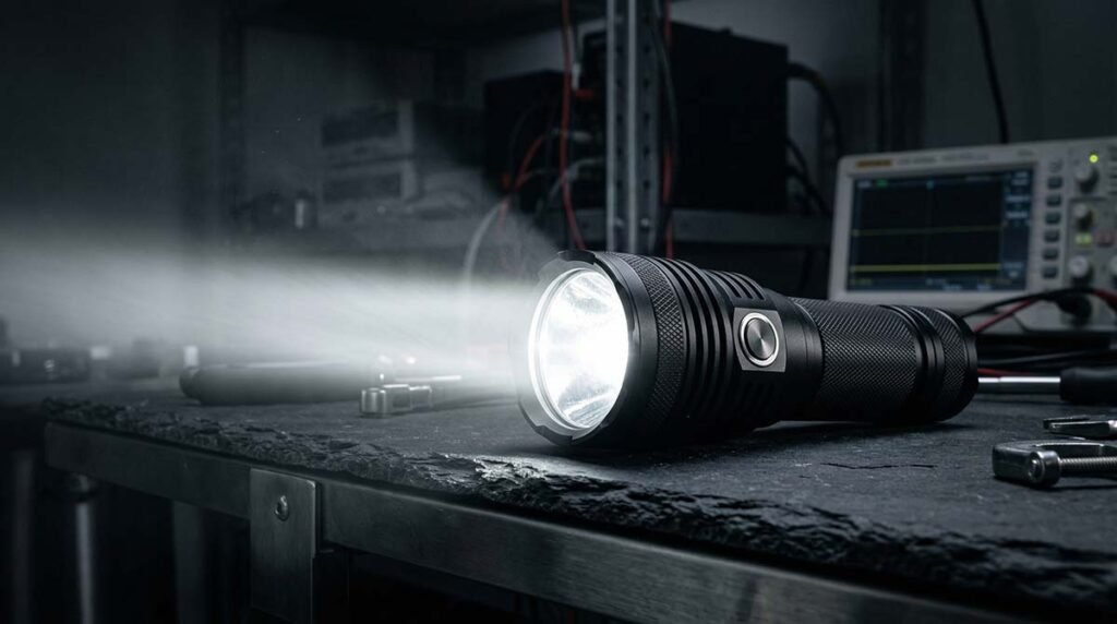 A high-quality tactical flashlight illuminating a dark room, highlighting true lumen brightness without exaggerated specs.