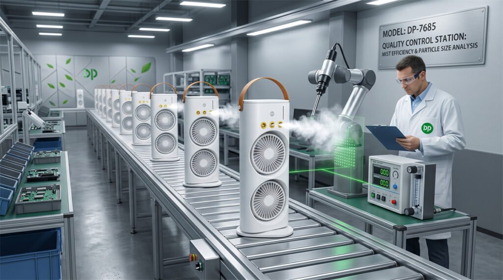 Industrial misting fans undergoing rigorous quality control and atomization testing.