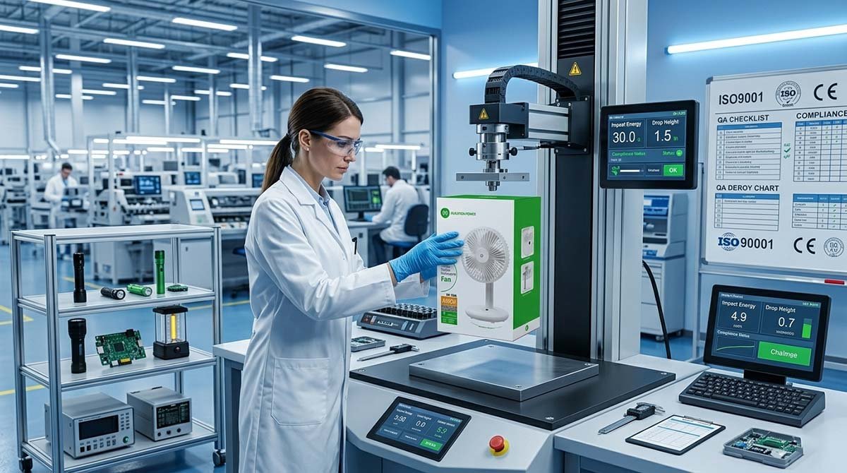 Engineers at DP Light's Zhaoqing Mega-Factory conducting strict drop tests on rechargeable fans to ensure shipping durability.