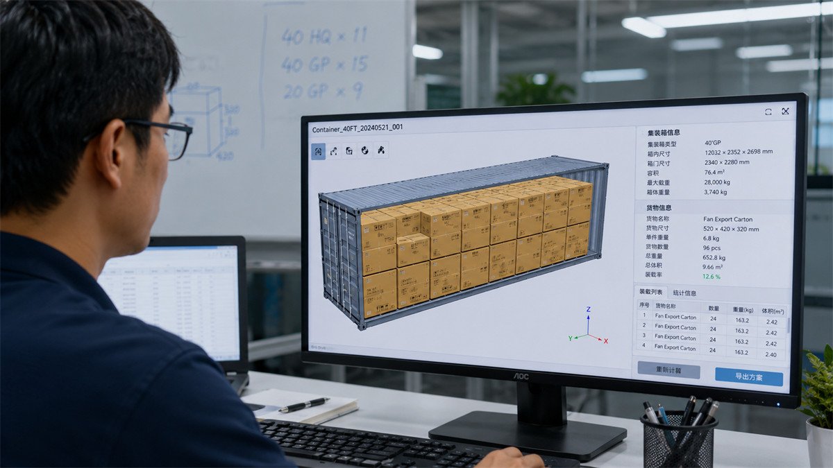A logistics engineer reviewing a 3D container load plan on a computer monitor to optimize box placement.