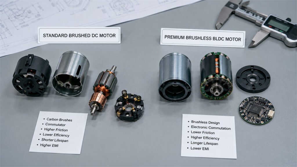 Side-by-side comparison of a standard brushed motor and a brushless DC motor on an engineering workbench.