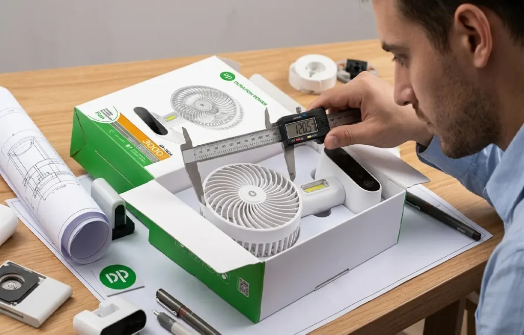 An engineer uses calipers to measure a tightly folded desktop fan fitting into a compact FBA retail box.