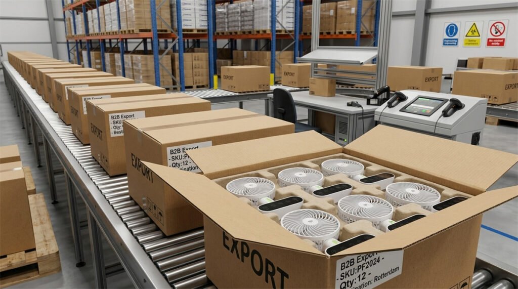 Compact desktop rechargeable fans tightly packed in export cartons on a distribution warehouse conveyor.
