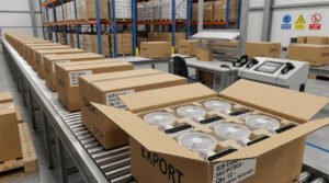 Compact desktop rechargeable fans tightly packed in export cartons on a distribution warehouse conveyor.