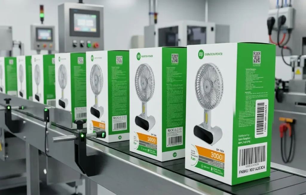Freshly printed retail color boxes with FNSKU barcodes moving along an industrial factory conveyor belt.