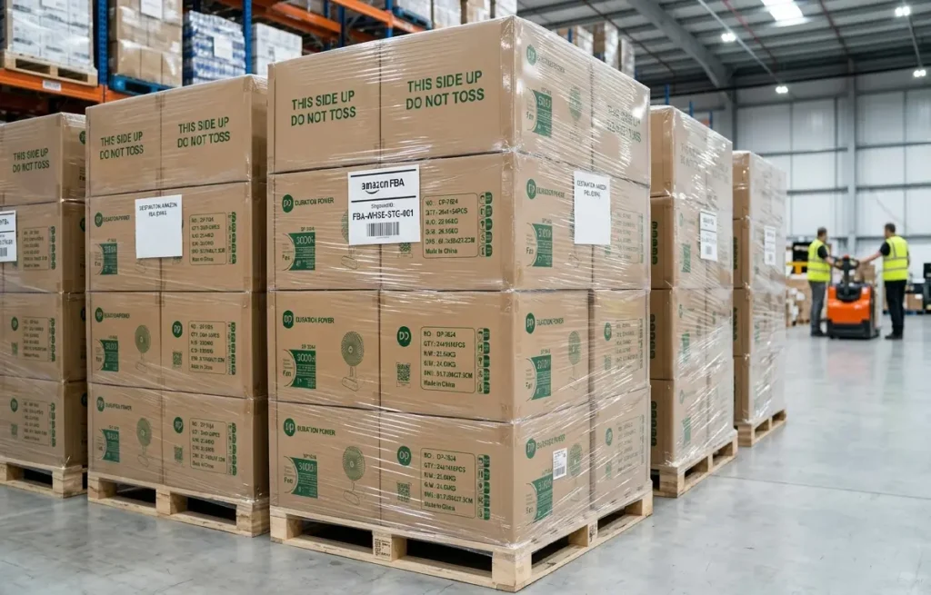 Neatly stacked and palletized master cartons of consumer electronics staged in a modern logistics warehouse.