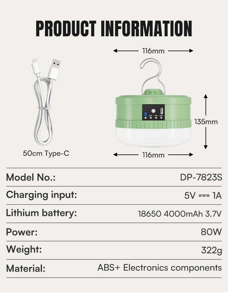Specifications for 7823S LED camping lantern detailing 80W power and ABS material.
