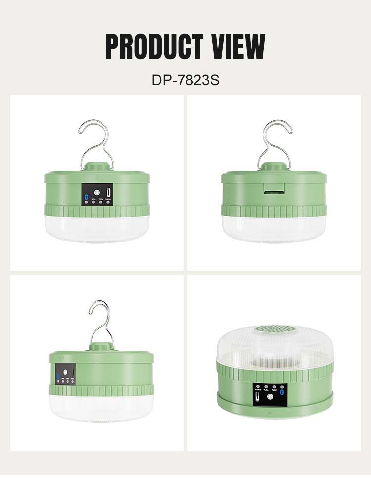 Multi-angle product view of LED camping lantern DP-7823S displaying hanging hook structure.