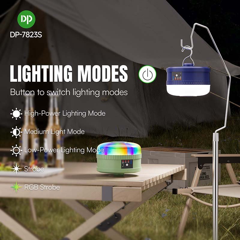 LED camping lantern 7823S displaying high, medium, low power, strobe, and RGB strobe lighting modes.