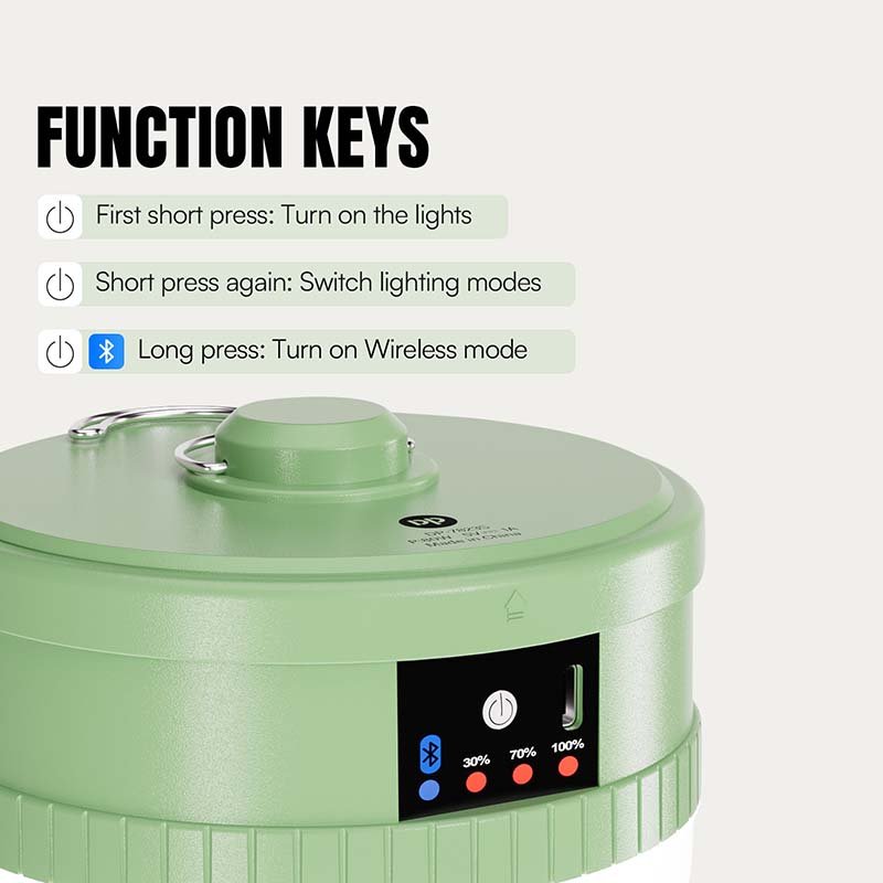 Control panel of LED camping lantern 7823S showing function keys, Type-C port, and battery indicator.