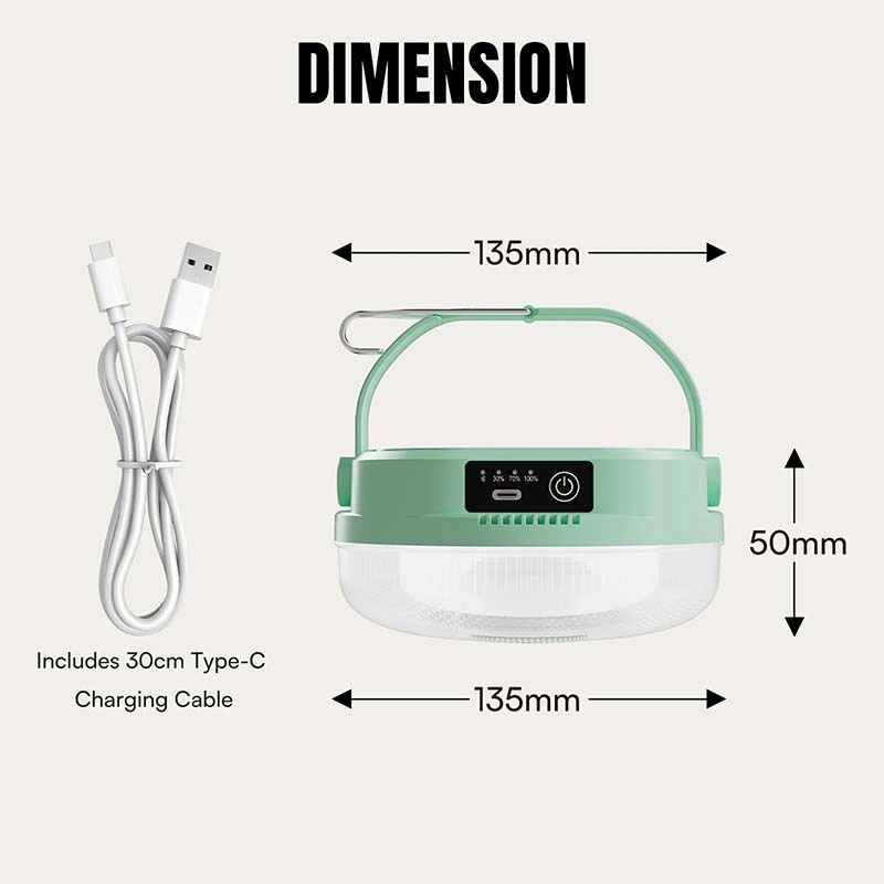 LED camping lantern 7858S dimensions showing 135mm width, 50mm height, and 30cm Type-C charging cable.