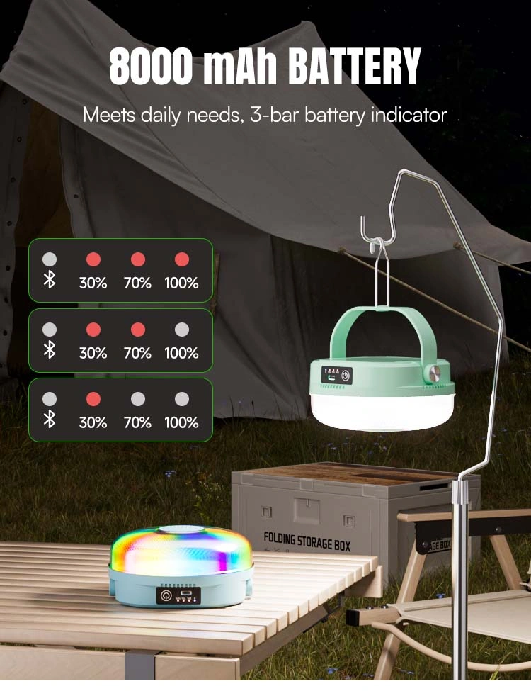 LED camping lantern 7858S equipped with 8000mAh battery and 3-bar capacity indicator.
