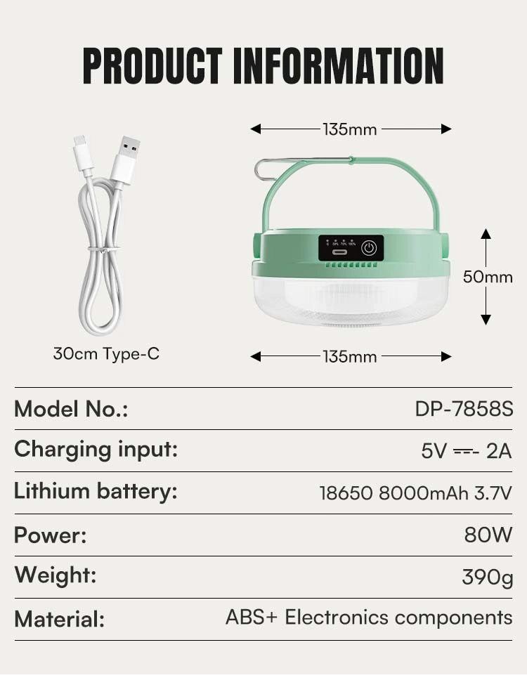 Specifications of 7858S LED camping lantern including 80W power, 8000mAh battery, and ABS material.