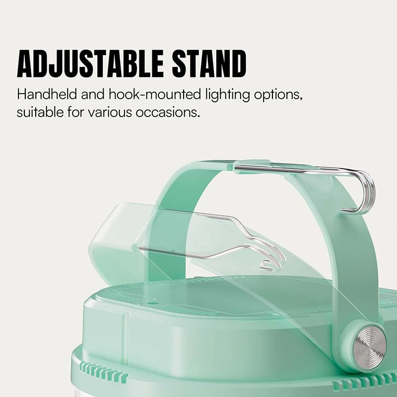 LED camping lantern 7858S featuring an adjustable metal stand for handheld and hook-mounted options.