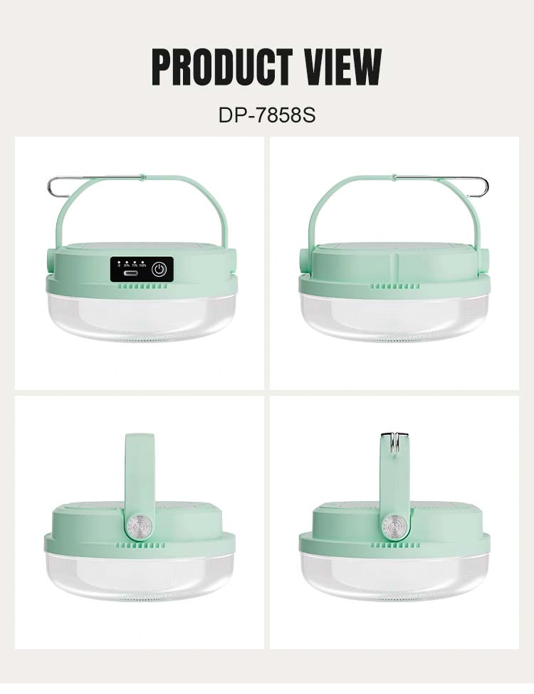 Multi-angle view of LED camping lantern 7858S displaying hanging hook and control panel.