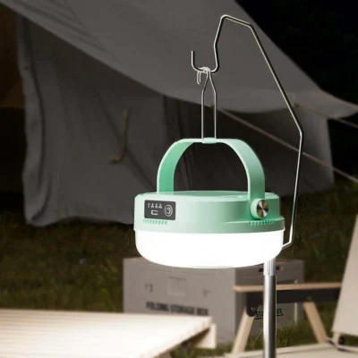 LED camping lantern 7858S with hanging hook and rechargeable battery for outdoor use.