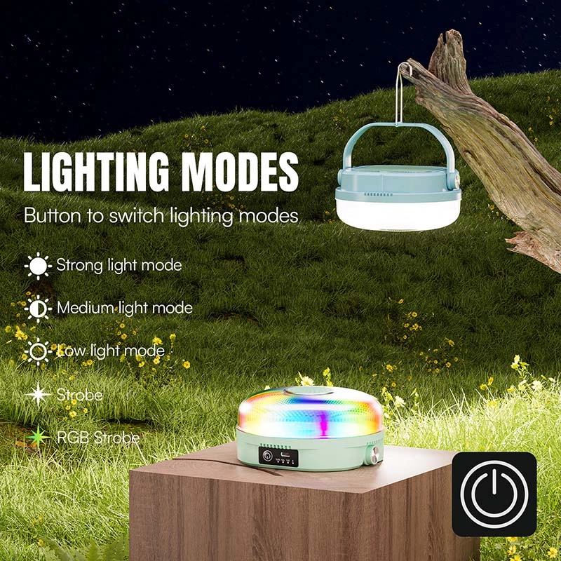 LED camping lantern 7858S demonstrating strong, medium, low, strobe, and RGB strobe lighting modes.