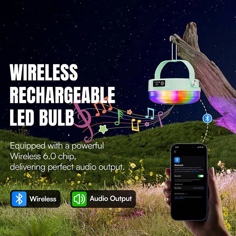LED camping lantern 7858S with wireless 6.0 chip and audio output for Bluetooth speaker function.