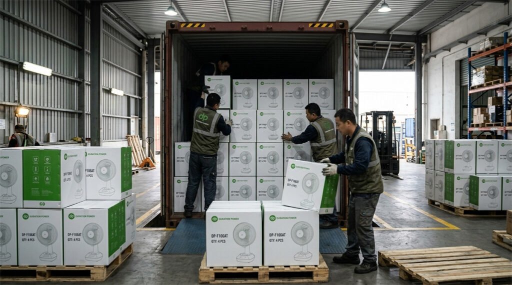 Workers strategically loading various sized master cartons of rechargeable fans into a 40HQ container.