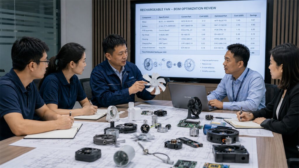 Procurement team and engineers reviewing technical blueprints and fan components on a conference table.