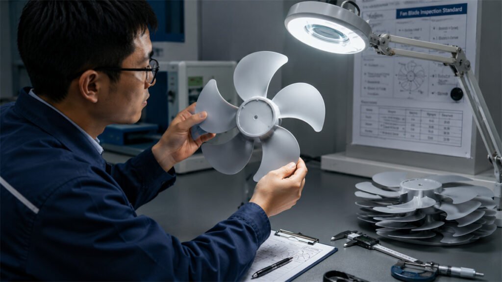 An engineer inspecting the aerodynamic curve of a 5-blade plastic fan mold under a bright inspection lamp.