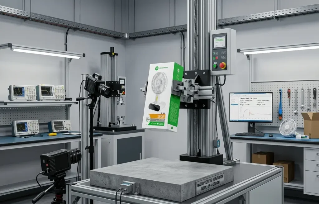 An automated mechanical testing machine drops a packaged electronic gadget to evaluate its impact resistance.
