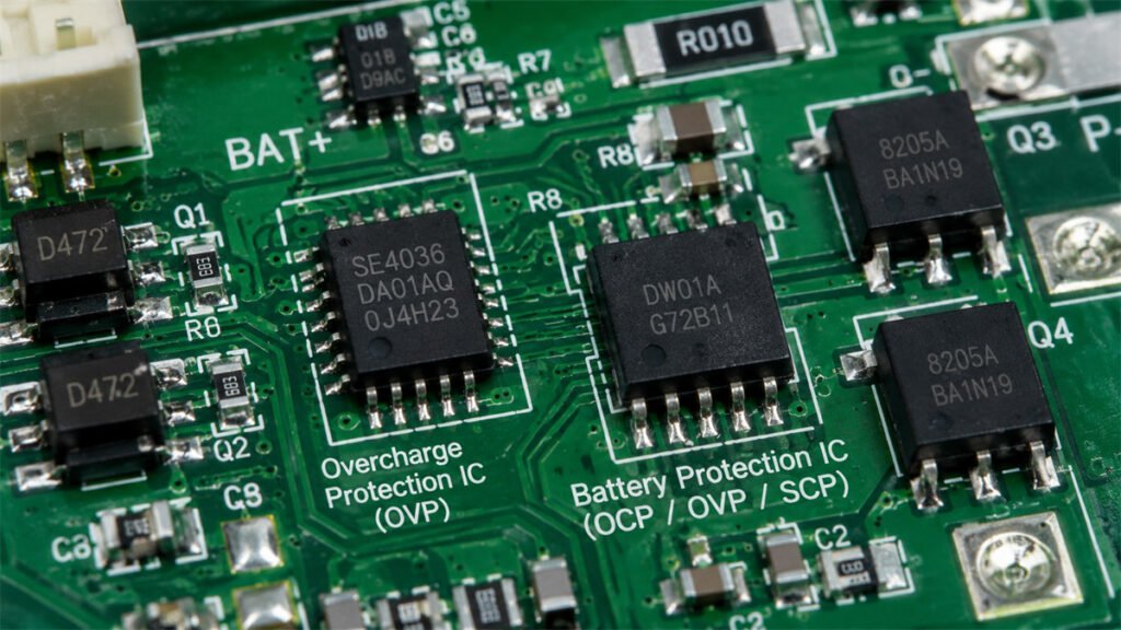 Macro view of a printed circuit board featuring dedicated battery protection IC chips for a rechargeable fan.