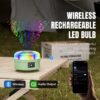 Rechargeable LED bulb 7823S equipped with wireless 6.0 chip and audio output for smartphone connection.