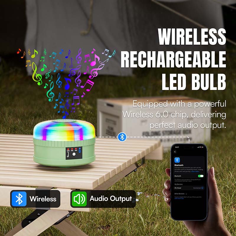Rechargeable LED bulb 7823S equipped with wireless 6.0 chip and audio output for smartphone connection.