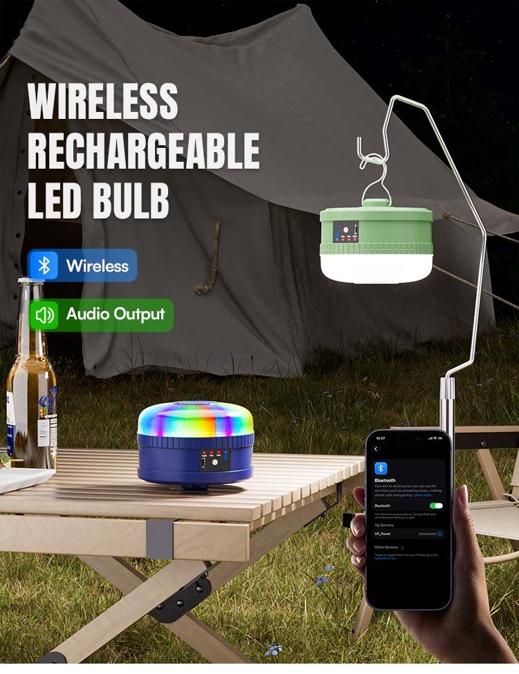 Rechargeable LED bulb 7823S with wireless audio output function connecting to smartphone.