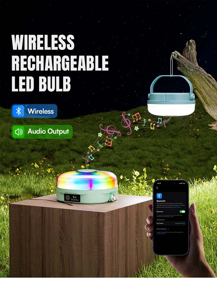 Rechargeable LED bulb 7858S with wireless audio output function and smartphone connection.