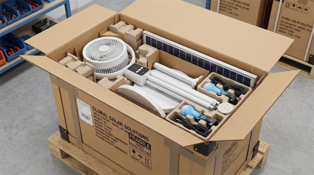 Disassembled standing fan components nested tightly within a cardboard export box to maximize density.