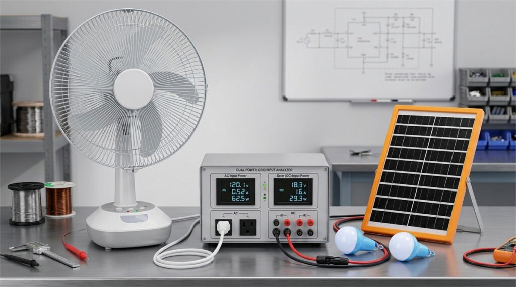 A 16-inch solar pedestal fan connected to a testing grid measuring dual-charge AC and DC input power.