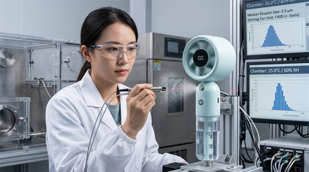 Engineer measuring the micro-droplet output of an ultrasonic misting fan transducer in a climate lab.