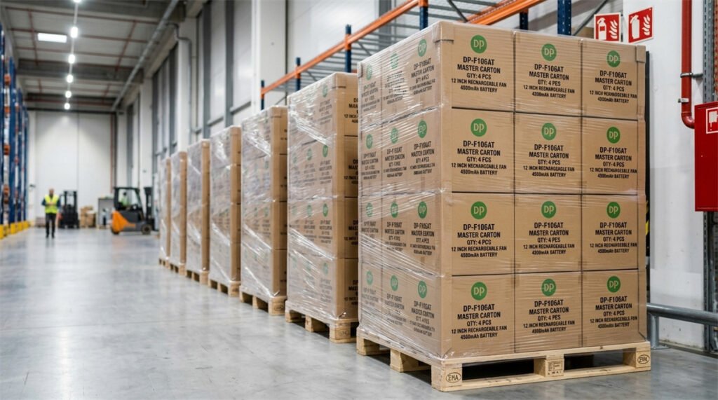 Pallets stacked high with compact master cartons of portable desktop fans in a distribution warehouse.