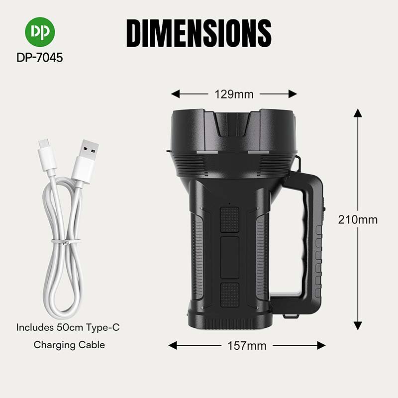 Dimensions of LED search light 7045 showing 210mm height and an included 50cm Type-C charging cable.