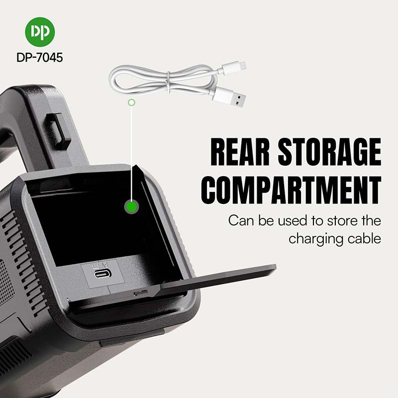 LED search light 7045 featuring a rear storage compartment with a Type-C port for the charging cable.