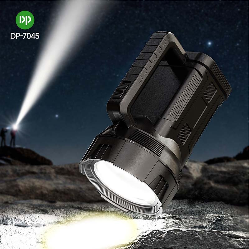 LED search light 7045 projecting a focused high-power beam into the night sky for outdoor searching.