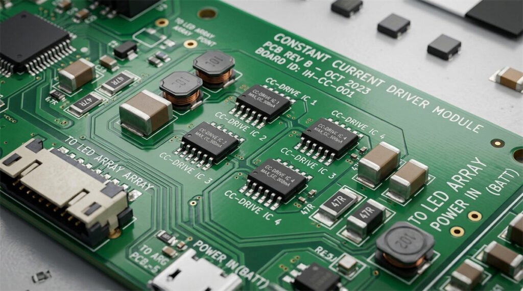 Macro view of a headlamp printed circuit board highlighting the constant current integrated circuit.